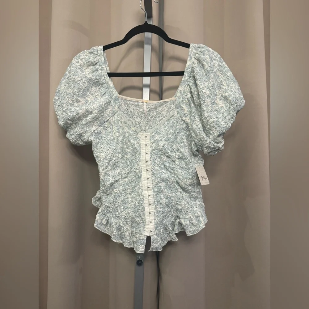 Free People Lace Puff Sleeve Blouse in Soft Blue